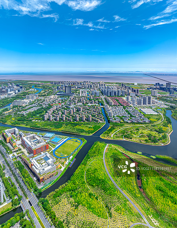 黄日港湿地公园 夏涟河 航拍上海临港海绵城市雨水集疏浚体系 临港新城2025年生态环境经济发展面貌图片素材