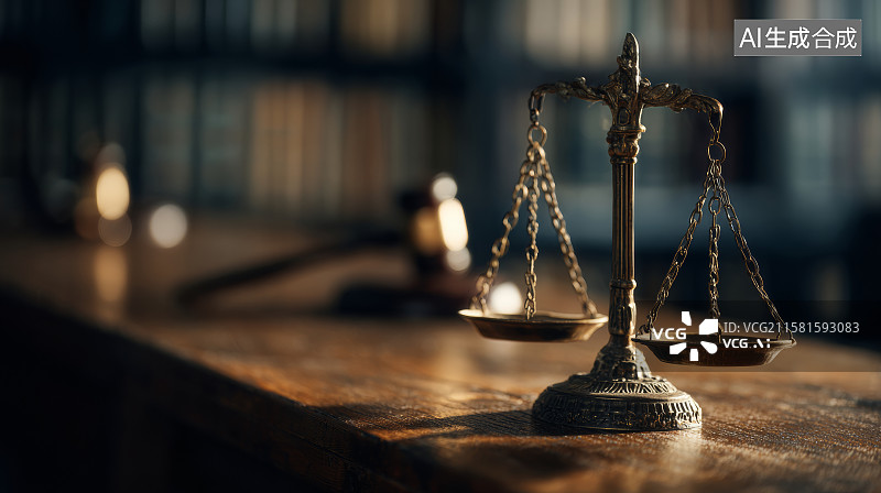【AI数字艺术】法槌与天平摆放在法庭环境中图片素材