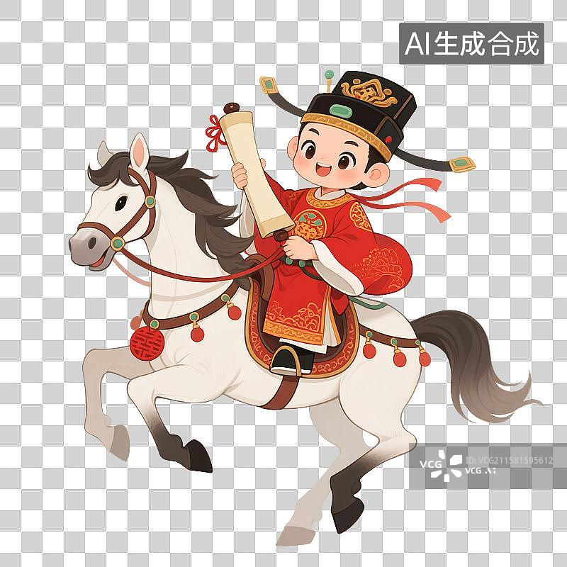 【AI数字艺术】可爱的骑着骏马的状元手拿喜报卷轴奔驰图片素材