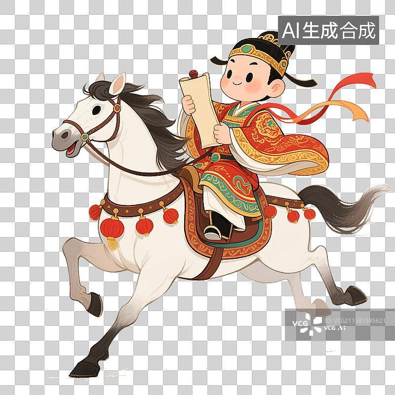 【AI数字艺术】可爱的骑着骏马的状元手拿喜报卷轴奔驰图片素材
