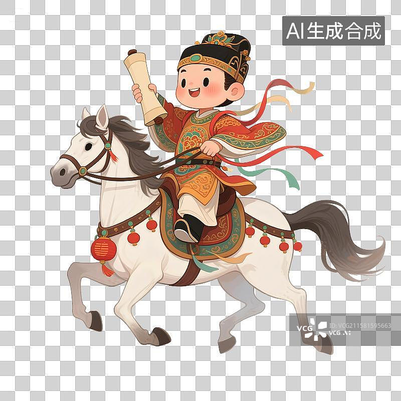 【AI数字艺术】可爱的骑着骏马的状元手拿喜报卷轴奔驰图片素材