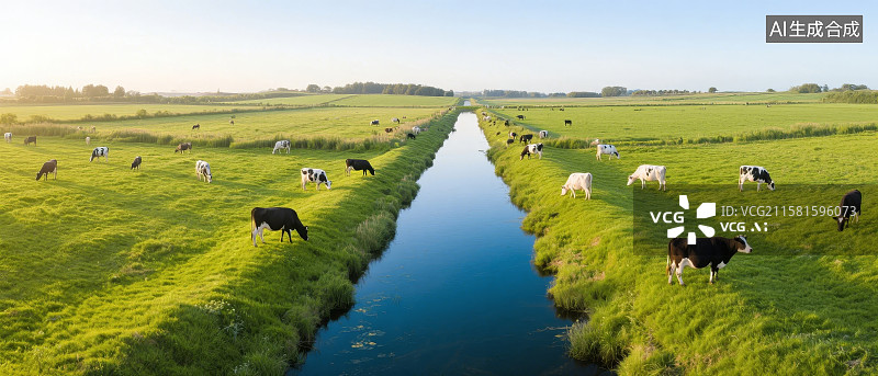 【AI数字艺术】田园风光：牛群在运河两旁的草地上悠闲吃草图片素材