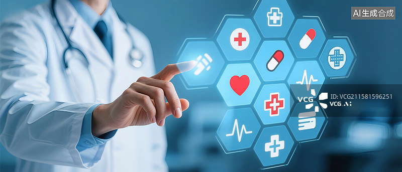 【AI数字艺术】医生与数字化医学图标交互的先进数字化医疗插画图片素材