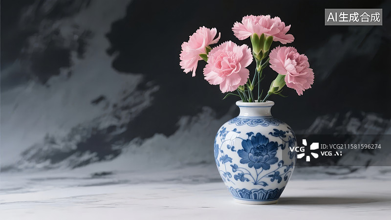 【AI数字艺术】青花瓷瓶中的粉色康乃馨图片素材