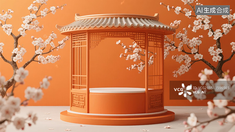 【AI数字艺术】橙色中式亭子与樱花树图片素材
