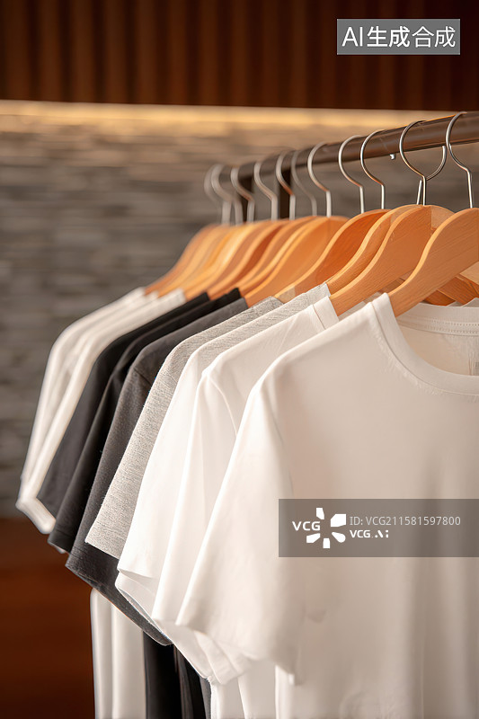 【AI数字艺术】多色简约T恤木质衣架陈列图图片素材