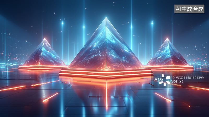 【AI数字艺术】未来科技金字塔与光网图片素材