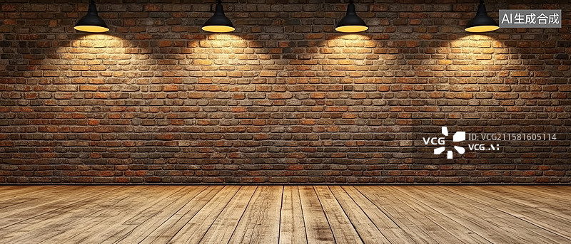 【AI数字艺术】砖墙壁灯复古感室内场景图片素材