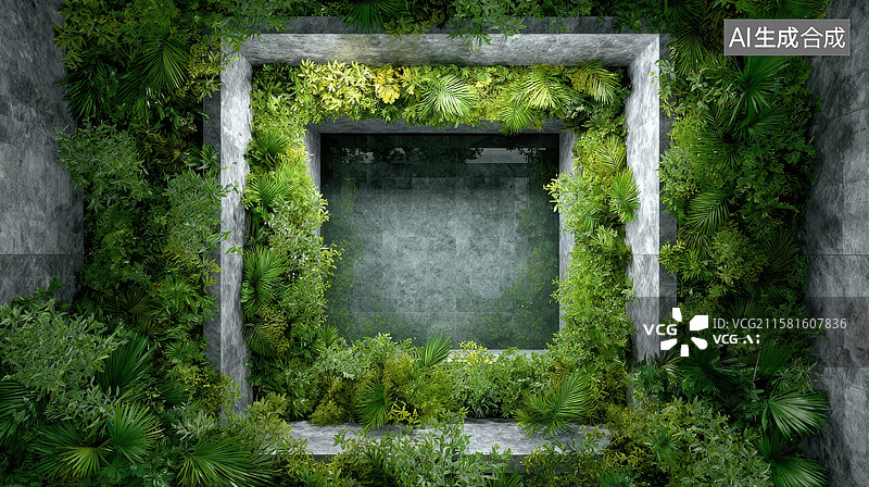 【AI数字艺术】绿植环绕的方形框架图片素材