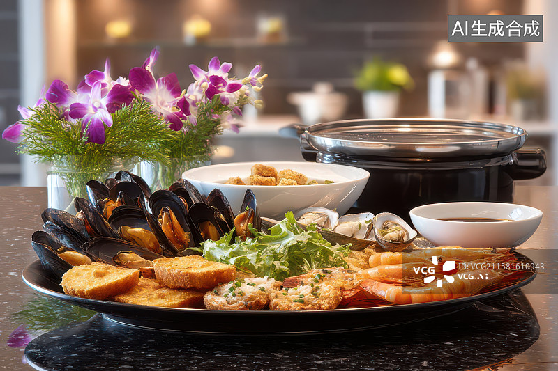 【AI数字艺术】精致海鲜拼盘鲜花装饰美食图图片素材