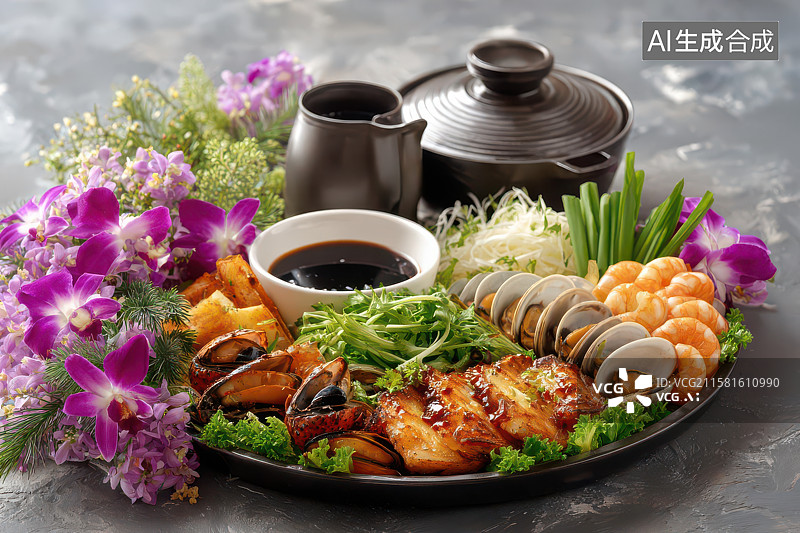 【AI数字艺术】精致海鲜拼盘鲜花装饰美食图图片素材