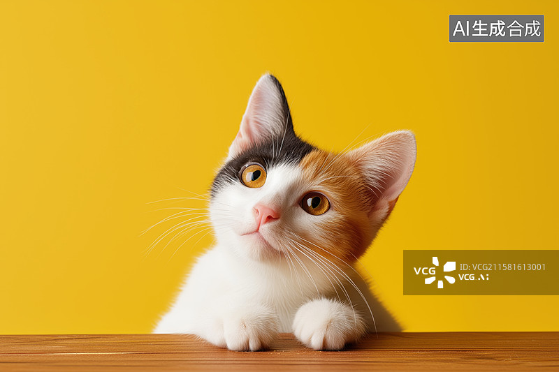 【AI数字艺术】黄色背景前的可爱猫咪图片素材
