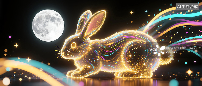【AI数字艺术】3D立体三维C4D粒子发光透明华丽奇幻梦幻的月亮和金色兔子图片素材