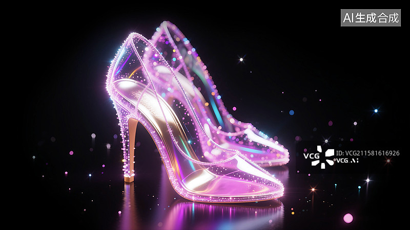 【AI数字艺术】3D立体三维C4D粒子发光透明华丽奇幻梦幻的粉色高跟鞋图片素材