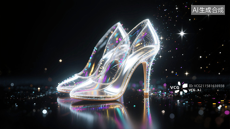 【AI数字艺术】3D立体三维C4D粒子发光透明华丽奇幻梦幻的银色高跟鞋图片素材