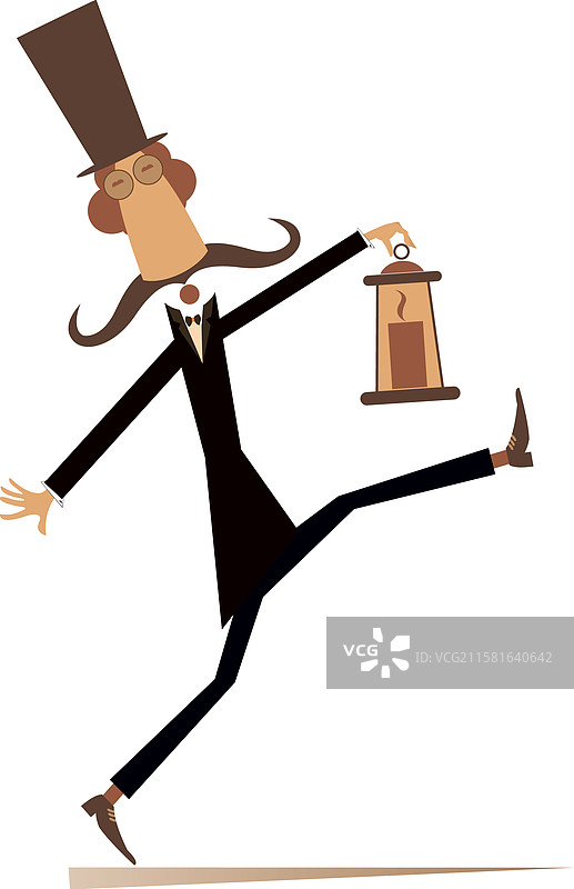 戴着高顶帽的卡通男人手持一盏古老的灯笼图片素材