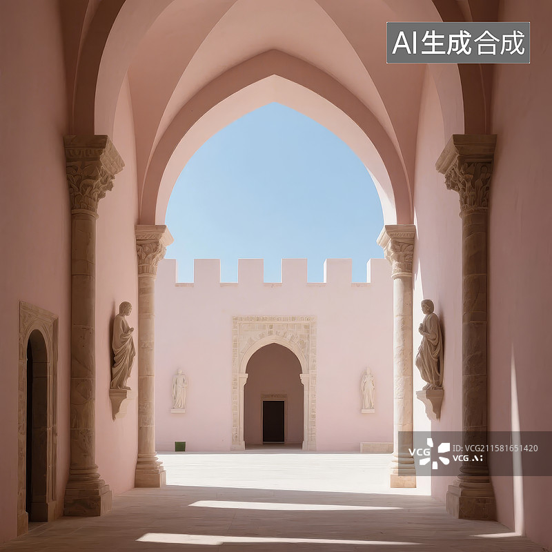 【AI数字艺术】拱门庭院，雕塑与光影交织图片素材