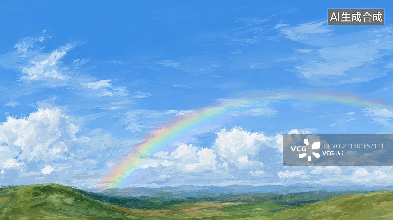 【AI数字艺术】草原上空的彩虹图片素材