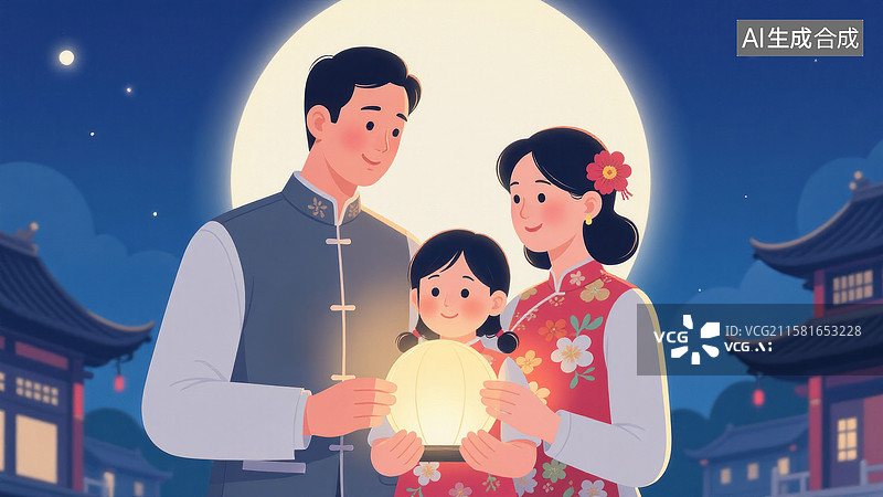【AI数字艺术】中秋佳节阖家团圆一家三口赏月图片素材