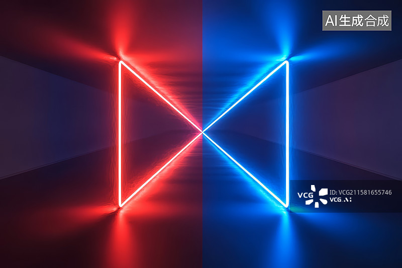 【AI数字艺术】红蓝霓虹三角形光影交错图片素材