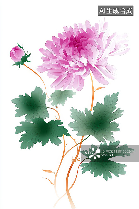 【AI数字艺术】粉色菊花与绿叶的艺术插画图片素材