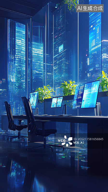 【AI数字艺术】公司智能办公室办公桌绿植商务科技背景蓝色背景图片素材