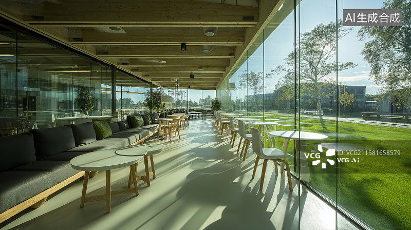 【AI数字艺术】现代玻璃幕墙室内休闲区图片素材