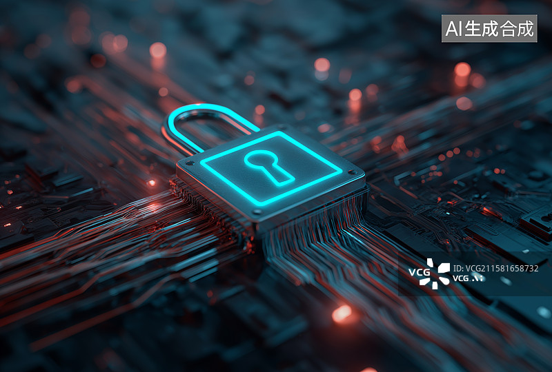 【AI数字艺术】电路板上的发光锁形芯片图片素材