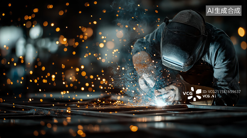 【AI数字艺术】焊工专注作业，火花四溅图片素材