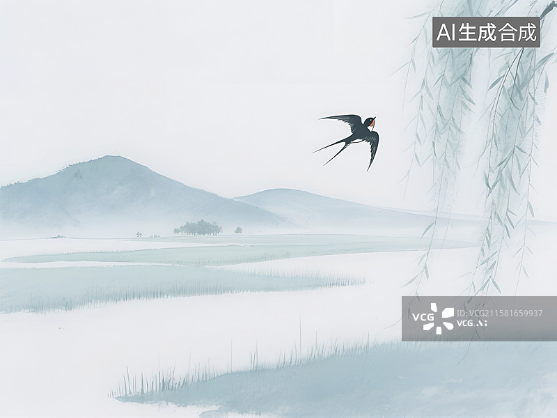 【AI数字艺术】水墨风格春景中飞翔的燕子图片素材