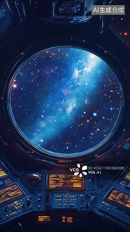 【AI数字艺术】太空站太空舱舷窗外的宇宙太空航天科技背景图片素材
