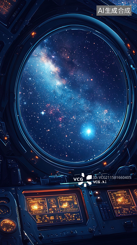 【AI数字艺术】太空站太空舱舷窗外的宇宙太空航天科技背景图片素材
