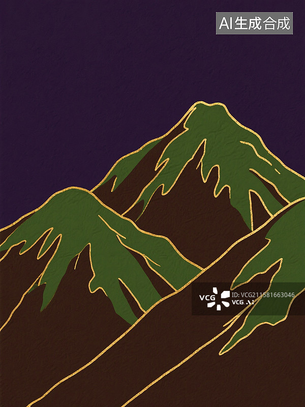 【AI数字艺术】莫迪兰色深褐色背景金线描边的青山图片素材