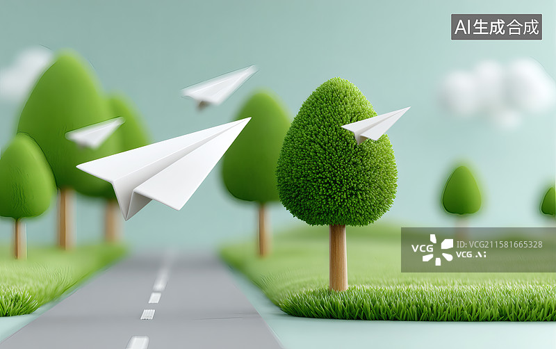【AI数字艺术】纸飞机飞行在卡通公路上图片素材