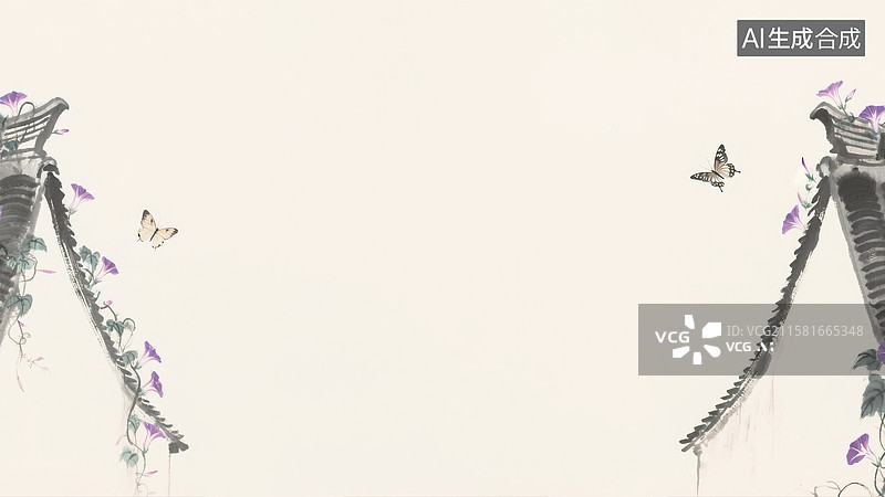 【AI数字艺术】水墨画屋脊上的牵牛花藤背景两侧图片素材