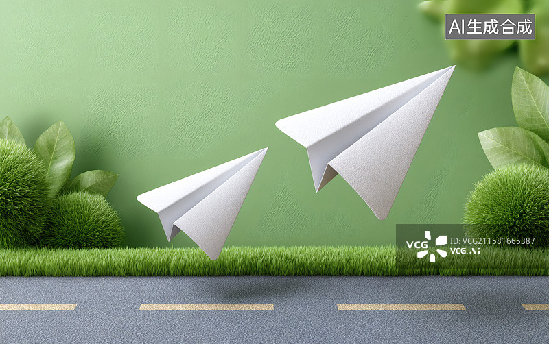 【AI数字艺术】纸飞机飞行在卡通公路上图片素材