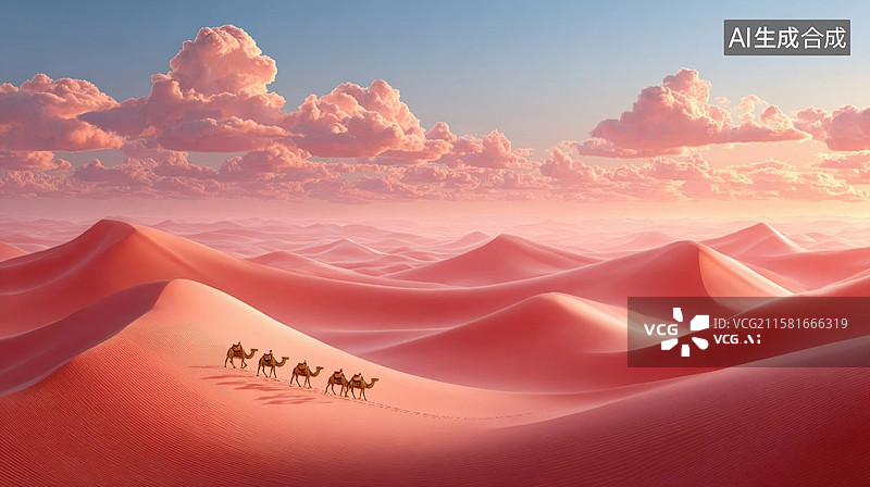 【AI数字艺术】粉红沙漠驼队日出图片素材