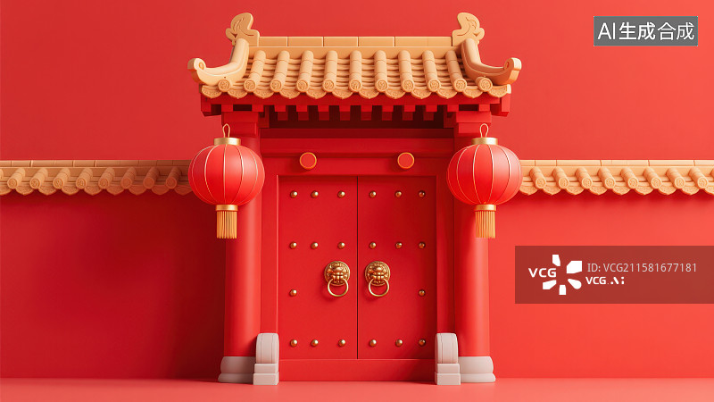 【AI数字艺术】国潮风古建筑朱红色中式门楼大门两侧悬挂红灯笼，中式古典喜庆文化传承新年春节主题背景图片素材
