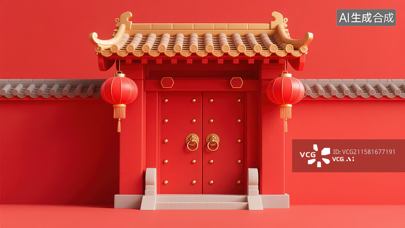 【AI数字艺术】国潮风古建筑朱红色中式门楼大门两侧悬挂红灯笼，中式古典喜庆文化传承新年春节主题背景图片素材