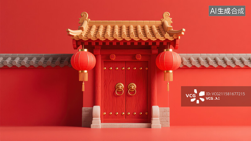 【AI数字艺术】国潮风古建筑朱红色中式门楼大门两侧悬挂红灯笼，中式古典喜庆文化传承新年春节主题背景图片素材