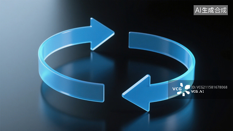 【AI数字艺术】黑色背景下两个相互环绕的半透明蓝色动态循环箭头图片素材