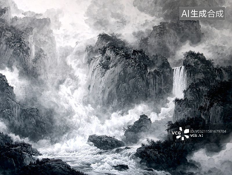 【AI数字艺术】山水间的壮阔瀑布图片素材