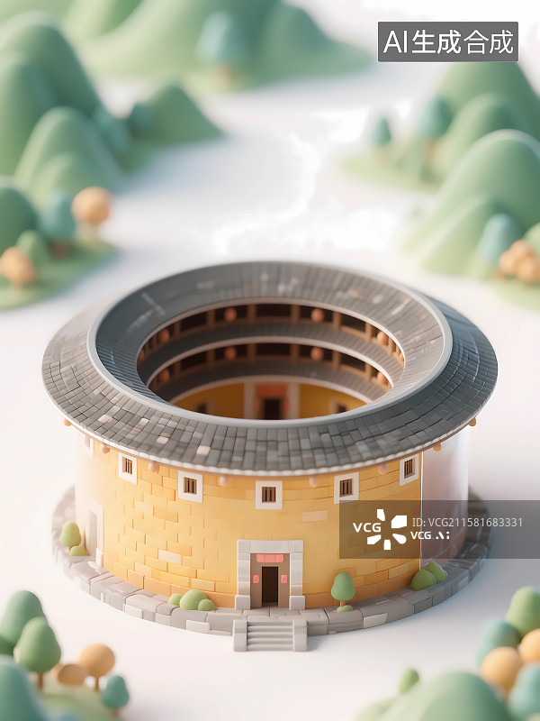 【AI数字艺术】中国建筑土楼3D卡通插画图片素材