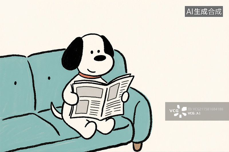 【AI数字艺术】卡通插画中沙发上看报纸的小狗图片素材
