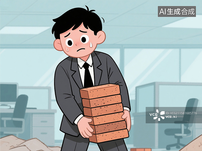 【AI数字艺术】教科书插画中在工地搬砖的西服年轻人图片素材