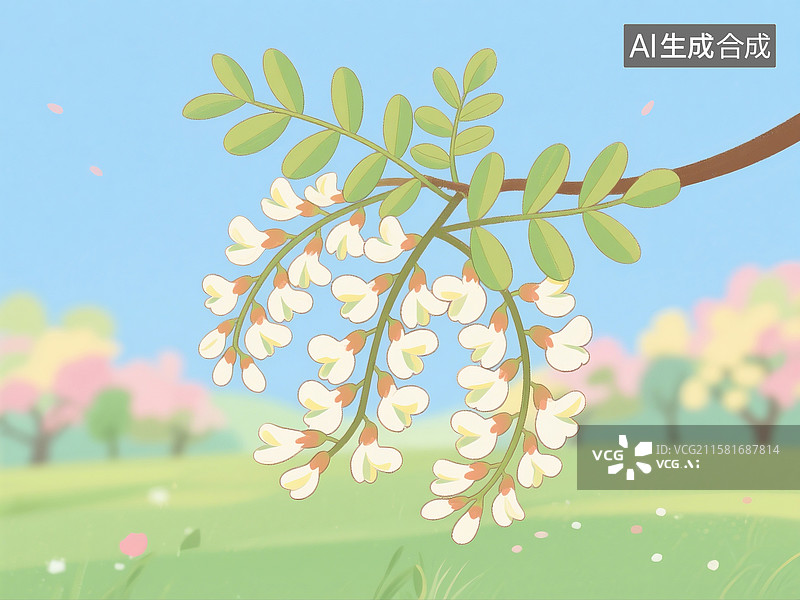 【AI数字艺术】卡通画中的北方春季槐花场景图片素材