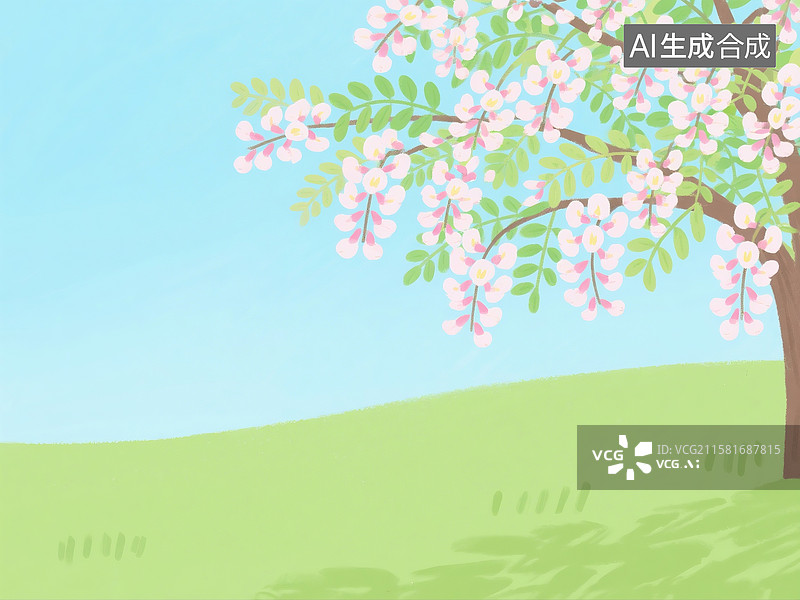 【AI数字艺术】卡通画中的北方春季槐花场景图片素材