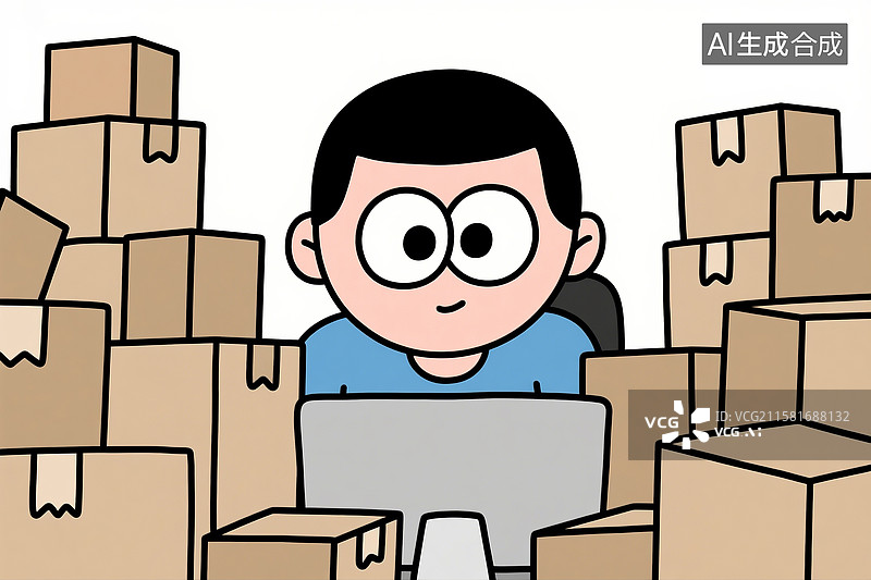 【AI数字艺术】漫画风格中头部很大的男人与快递场景图片素材