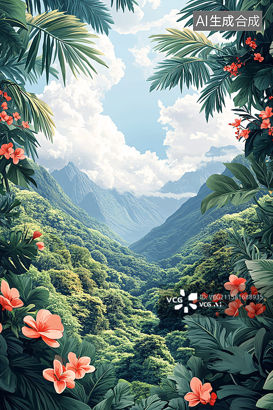 【AI数字艺术】梦幻山林花卉美景插画图片素材