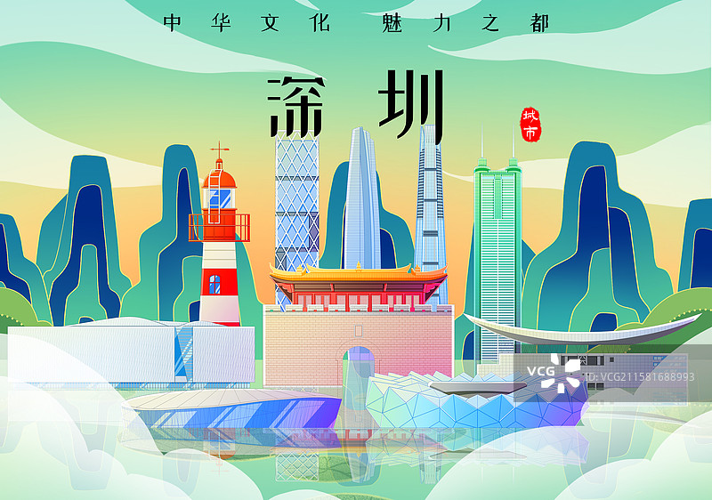 国潮风新中式绿色广东深圳旅游景点建筑图片素材